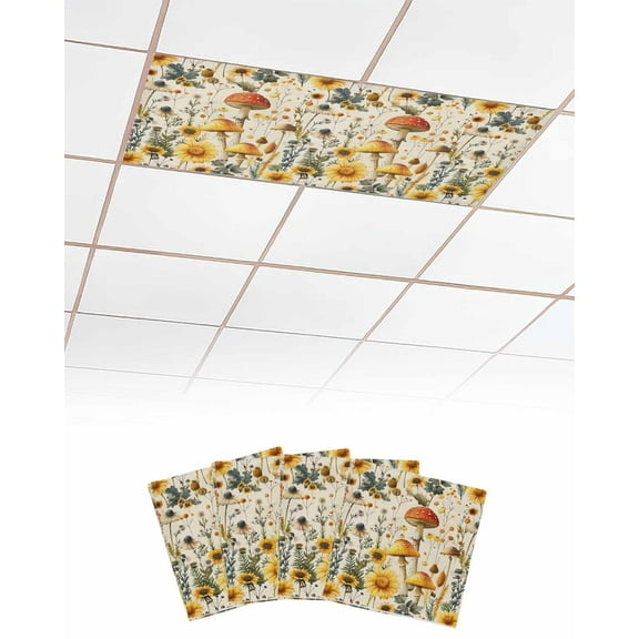 Fluorescent Light Covers for Ceiling Lights 4 Pack, Mushroom Magnetic Ceiling Light Covers 2x4ft for Classroom Office School, Sunflowers Spring Floral Summer Botanical Drop Ceiling Light Shade