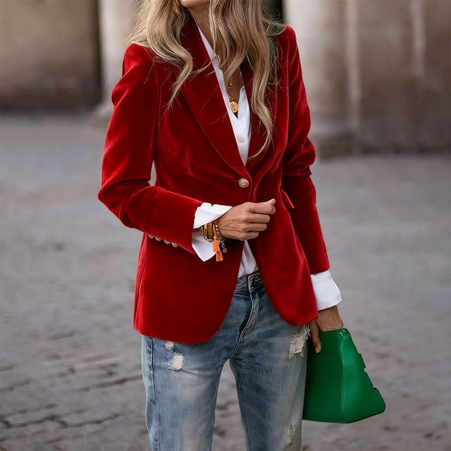 Red Women's Velvet Suit Jackets Button Up Fall Winter Outerwear Work Coats 2025(S)