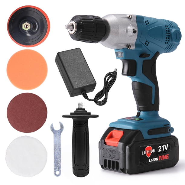 800W 21V Máquina de pulido eléctrica multifuncional 2 en 1 Taladro portátil Máquina de pulido de mano Función de velocidad variable sin escalonamiento Mango desmontable para pulido y encerado de