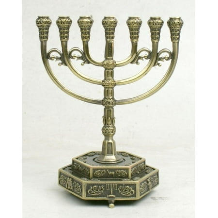 Menorah-12 Tribes Ornate W/Hexagon Base (7 Branched) (8 X 7 )-Brass