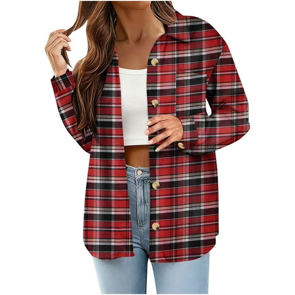 Hfnxid Plaid Shirts for Women Button Down Collar Shirt Long Sleeve Oversized Flannel Blouse Casual Fall Outfit with Pocket