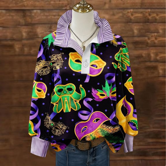 Mardi Gras Shirts for Women Carnival Party Mardi Gras Outfit Gifts Sequin Long Sleeve Top