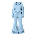 thumbnail image 6 of Szluipve 2 Piece Sets for Women Half Zip Hooded 2 Piece Tracksuit Set Long Sleeve Pullover Hoodie Top & Ruffle Hem Flare Wide Leg Pants Casual Loungewear Outfit with Pockets Sky Blue S, 6 of 8