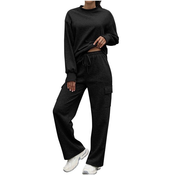 biudgviw Sweatsuits Women 2 Piece Outfit Crew Neck Long Sleeve Sweatshirt and Cargo Sweatpants Set with Pockets Fall Winter Clothes