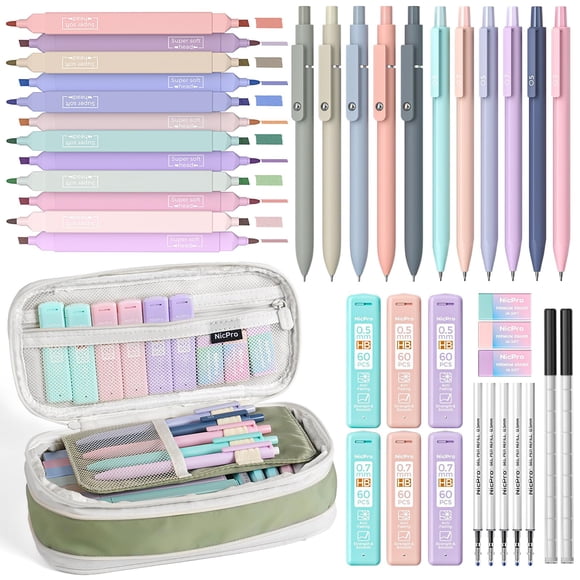Nicpro 39 Pcs Fournitures Scolaires Esthétiques avec Trousse Mignonne, 12 Surligneurs Pastel Colorés, 5 Stylos Encre Noire Rétractables à Séchage Rapide, 6 Mécanismes Pastel