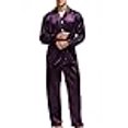 thumbnail image 3 of Men's Satin Pajamas Long Button-Down Pj Set Sleepwear Loungewear (Purple, XXL), 3 of 4