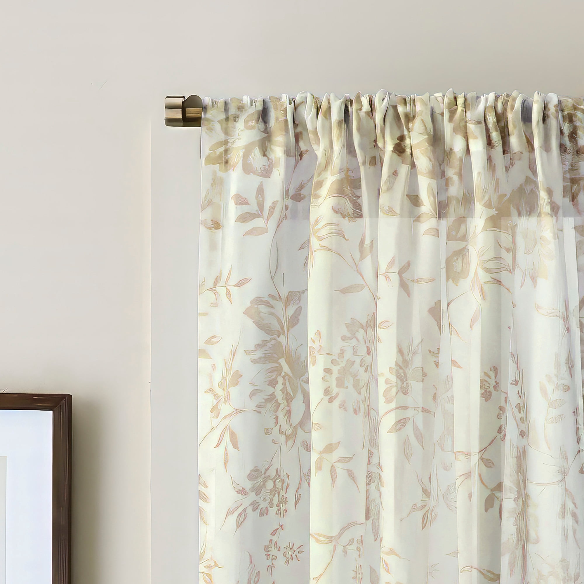 Martha Stewart Etched Floral Curtain Panel Pair, Linen, Pole Top, Light Filtering, Indoor, Adult, 2 Piece Set, 50" x 95"