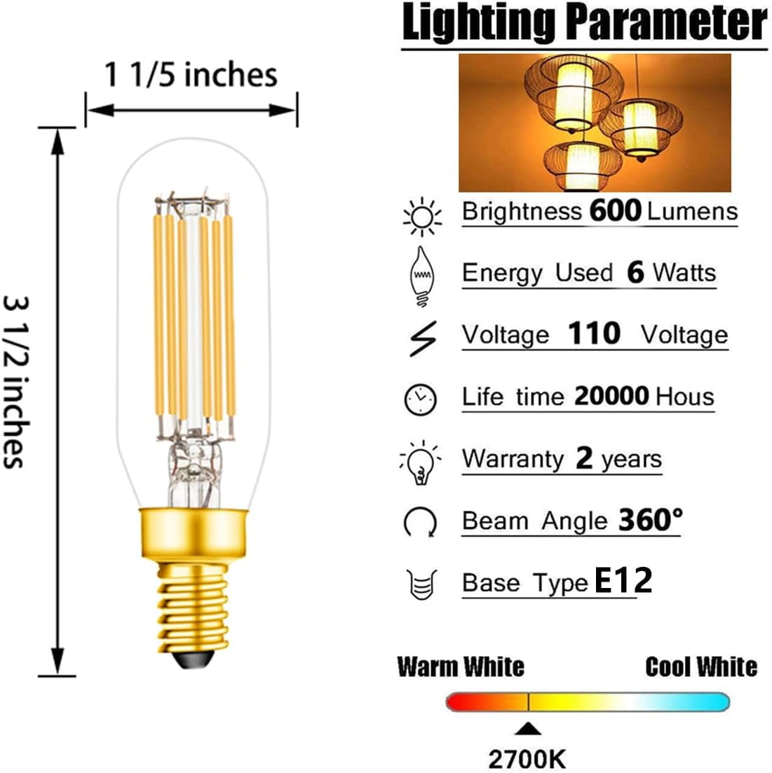 E12 LED Bulb, 60 watt Equivalent Candelabra Dimmable Chandelier Light Bulbs 6W 2700K Warm White Clear 600lm T6 E12 LED Edison Filament Vintage Candle Bulb with Decorative, AC120V, 6 Pack