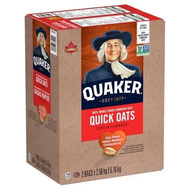 Quaker Quick Oats 1.5-Minute Oatmeal, Non GMO Project Verified, 2 × 2.58 kg (Bulk)