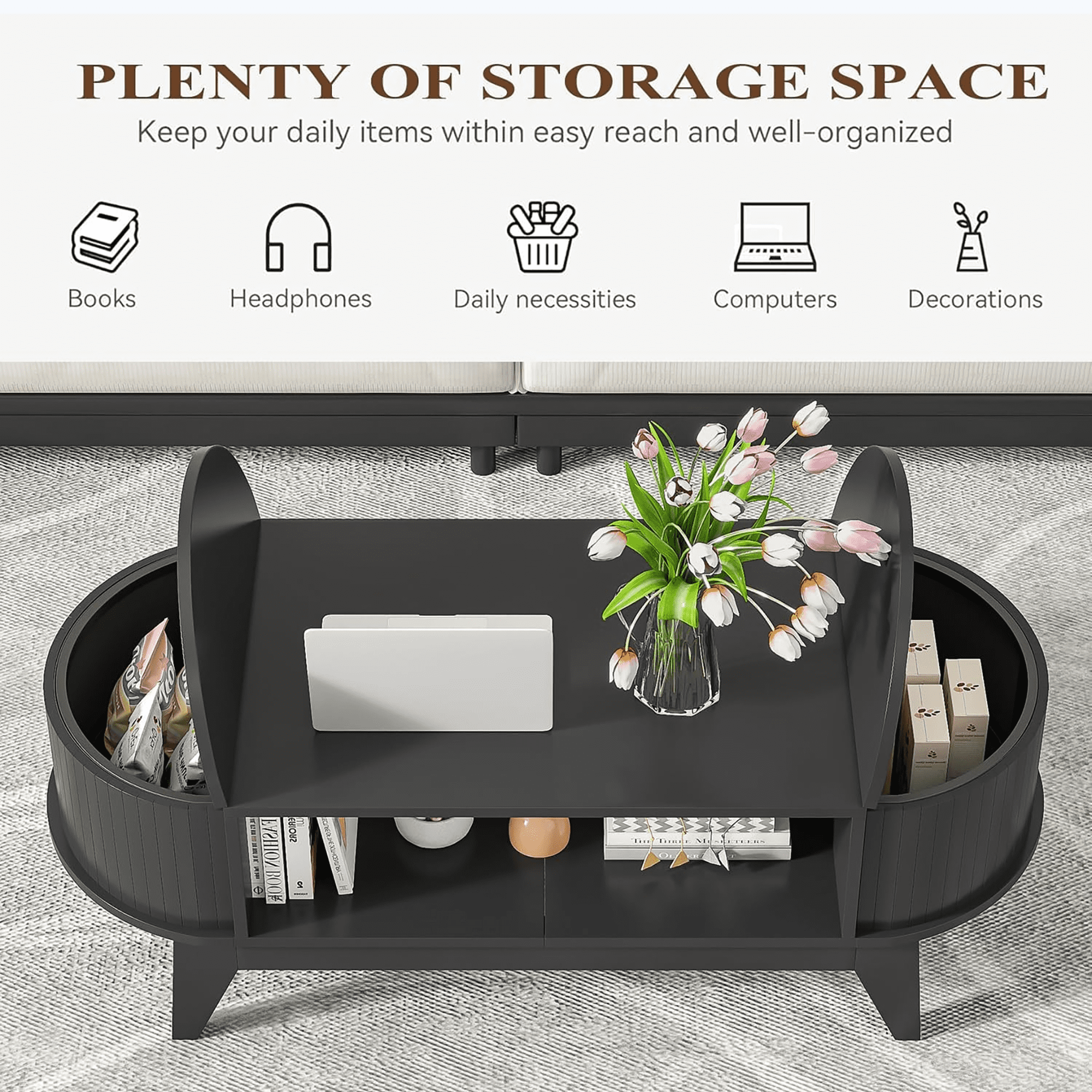 Fluted Coffee Table with Storage, Modern Coffee Tables, Wood Accent Center Table, Black
