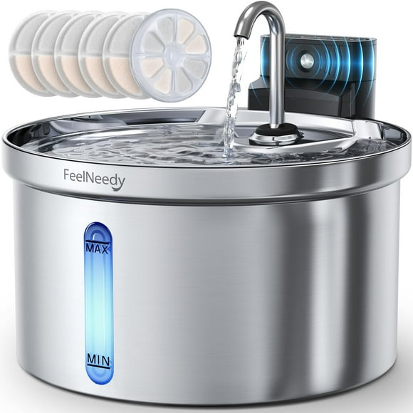 Wireless Cat Water Fountain Battery Operated, FEELNEEDY Rechargeable Pet Water Fountain Indoor with Motion Sensor, Cordless Stainless Steel 118oz/3.5
