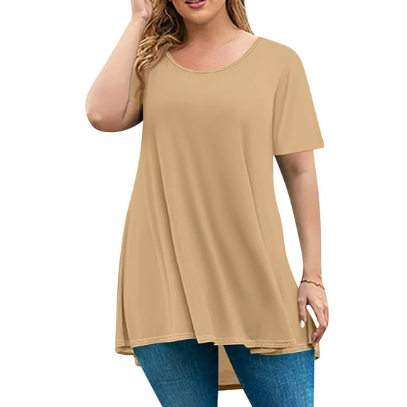 Xyxonk Women's Plus Size Tops Cute Plus Size Tunics Crew Neck Plus Size Top 2x Short Sleeves Basic Solid Color Dressy Casual Tshirt Loose Fit Womens Clothing Khaki 5XL