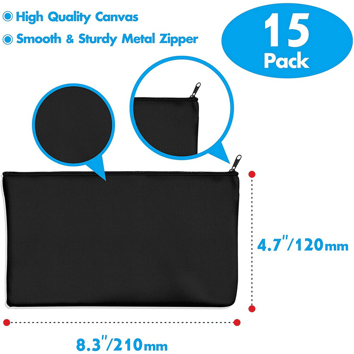 75 Pcs Black Blank Canvas Bag 8.3X4.7in Stationery Storage Zipper Bag DIY Graffiti Pencil Case DIY Gift Bag,75 x Zipper Pouch Bags,Black