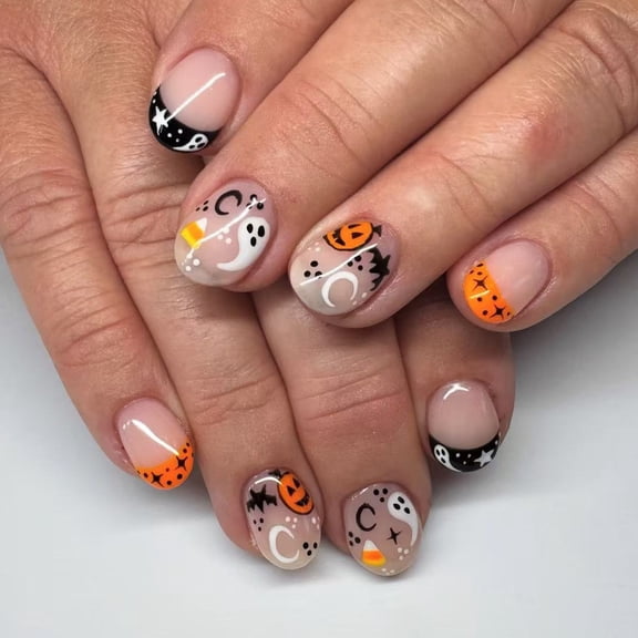 Halloween Short Oval Press On Nails Acrylic Fake Nails Full Cover Stick On False Nails, Reusable Black Artificial Nail Tips Ghost Pumpkin Cute Fall French Tip DIY Manicure Kit 24 Pcs For Women Girls