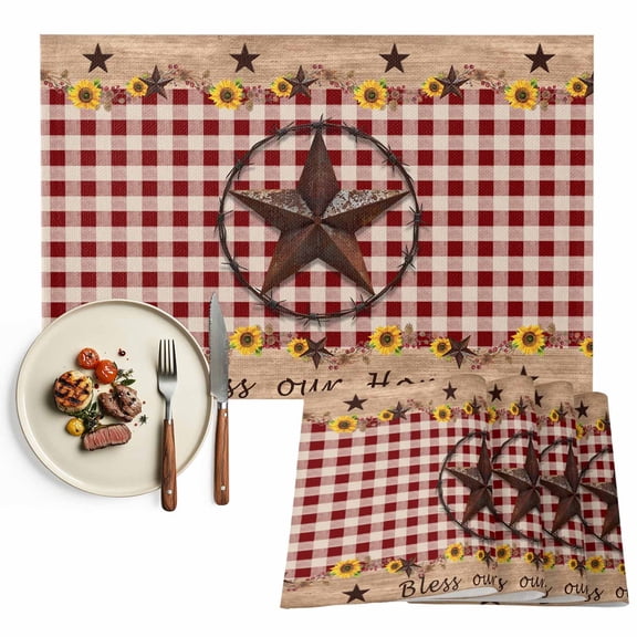 Farmhouse Barn Star Sunflower Placemats Set of 4, Red Buffalo Plaid Table Mats Washable Heat-Resistant Non-Slip Place Mats for Kitchen Dinner Table Indoor Outdoor Decor,13x19 Inch