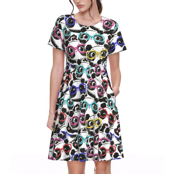 Disketp Panda And Glasses para Vestido de Manga Corta para Mujeres, Vestidos de Verano para Mujeres, Casual y Holgado para la Playa
