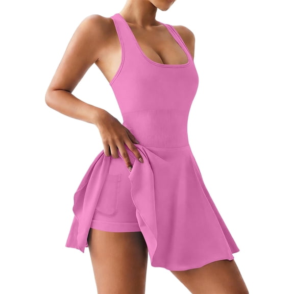QHFBli Womens Mini Tennis Dresses Skort Summer Sleeveless One Piece Workout Romper Dress with Shorts Athletic 2026 Outfit