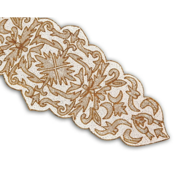 Handmade Beaded Table Runner, White And Gold Table Runner, Contemporary Table Topper 13X36 Inch