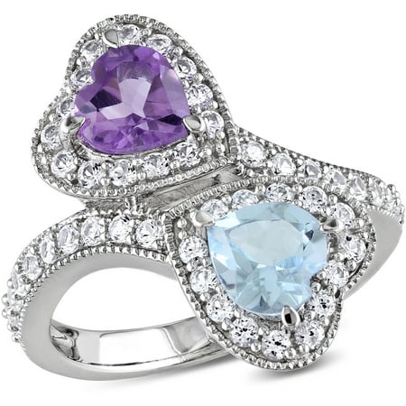 Citrine Amethyst Diamond Heart - 2-1/2 Carat T.G.W. Amethyst and Sky Blue Topaz with Created White Sapphire Sterling Silver Double Heart Bypass Ring