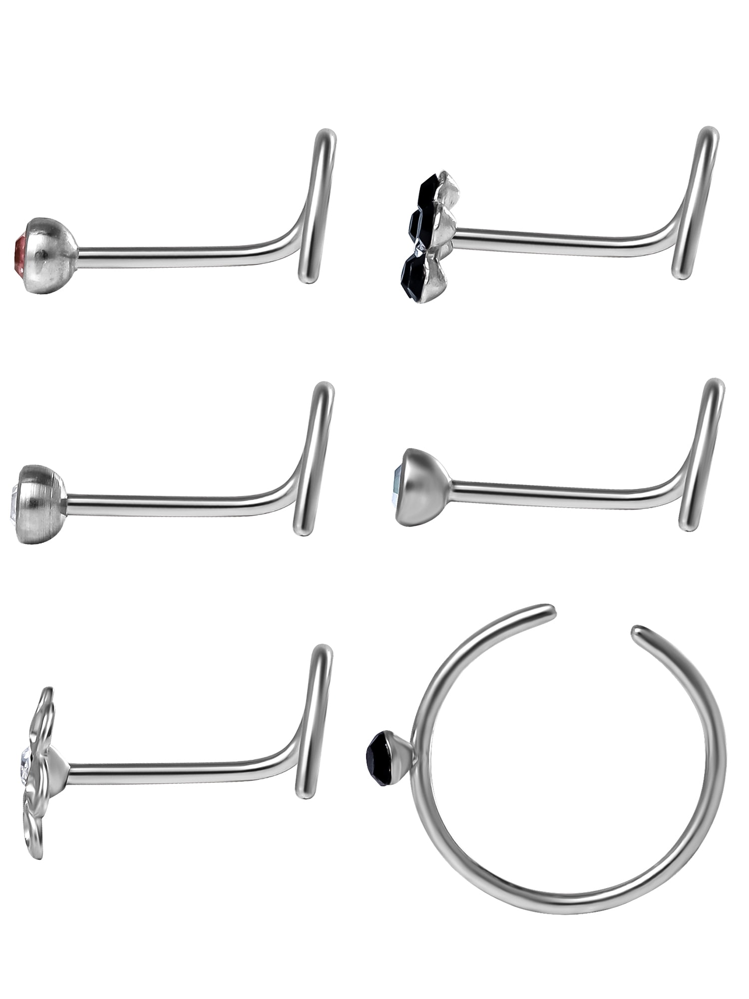 Adult Women's Stainless Steel 22G Multi Shape Crystal Stud Nose Rings, 6 Pack