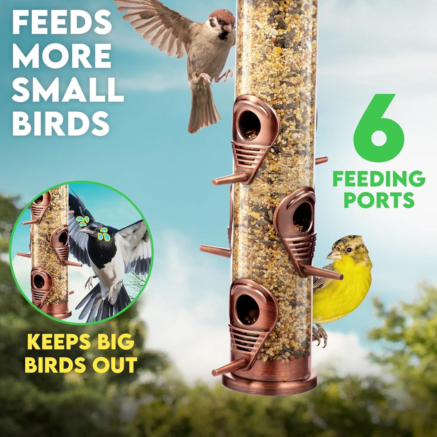 Bird Feeders for Outdoors (Green) Squirrel Proof Hanging Bird Feeder with Locking Lid & Adjustable Hanger, Chew-Proof, Weather Resistant 15 Inches 6 Port