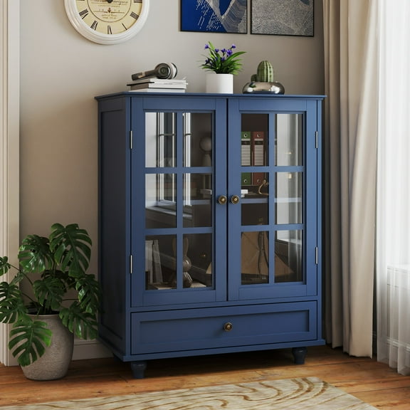 28'' Sideboard Buffet Cabinet, Wood Storage Cabinet with 2 Glass Doors and 1 Drawer for Kitchen, Living Room, Entryway (Blue)