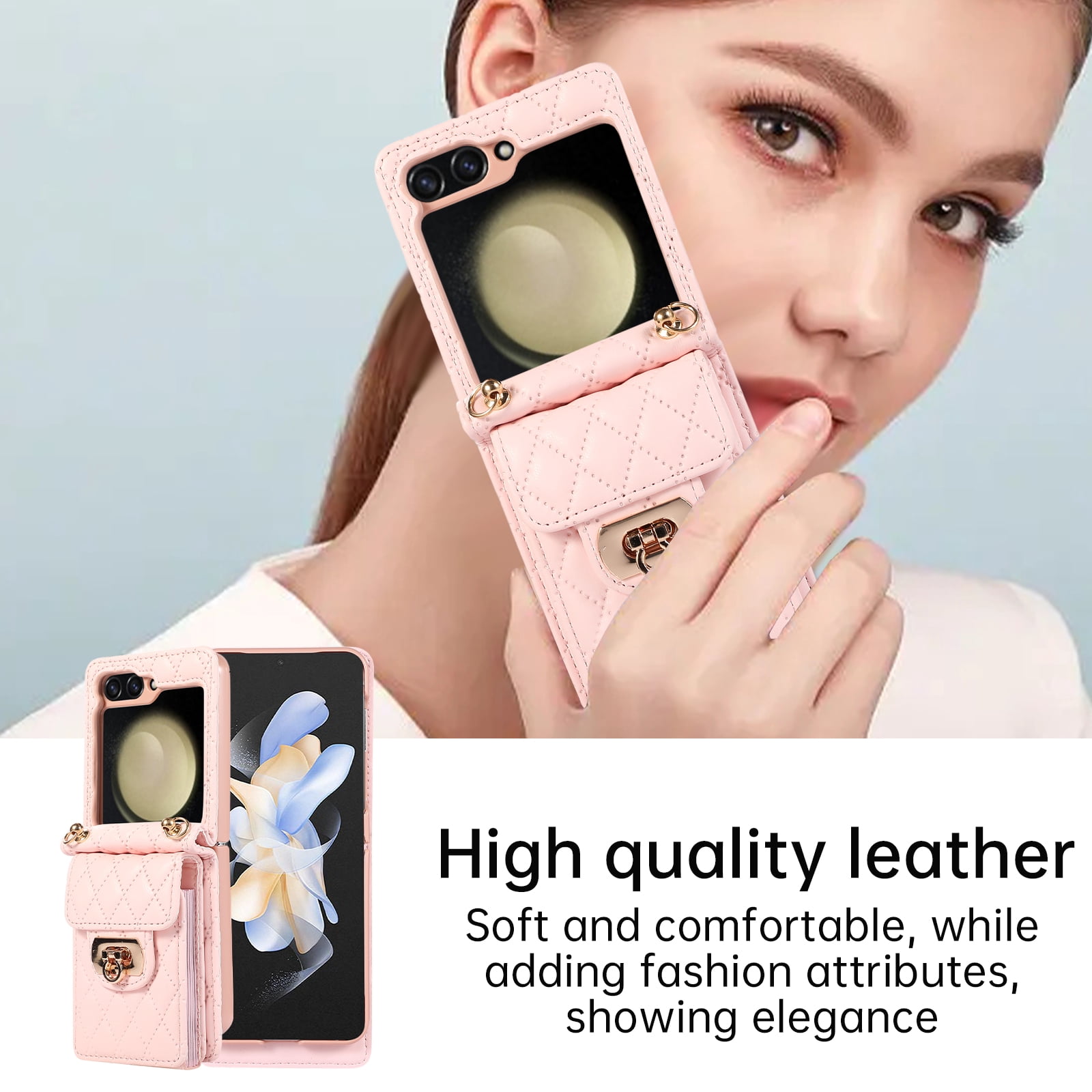 Decase For Samsung Galaxy Z Flip 5 5G Leather Wallet Case, PU Leather Shockproof Case with Crossbody Strap, Back Built in Stand Wallet Credit Card Holder Slots Phone Cover,Pink