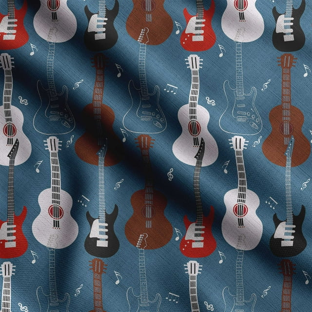 Soimoi Musical Instruments Print, Silk Fabric, Decor Sewing Fabric by The Yard 42 Inch Wide,Decorative Fabric for Shirts Suits Ties, Dusty Blue