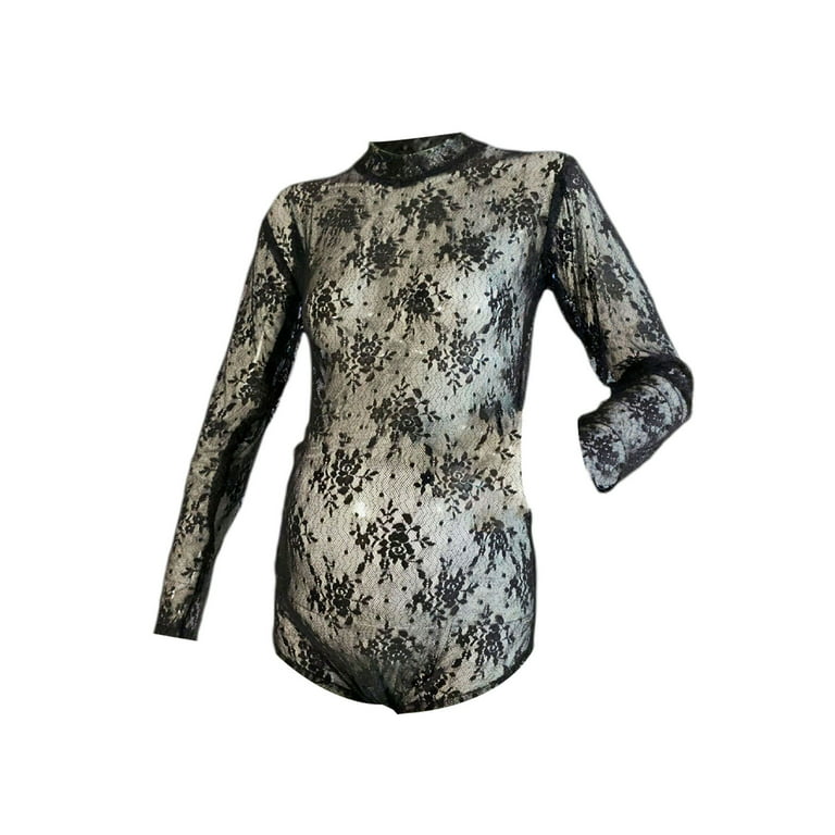 Women Photography Clothing Maternity Lace Bodysuit Floral Mock Neck Long  Sleeves Bodycon Top