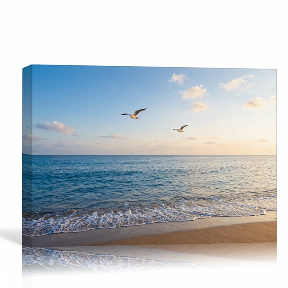 Seagull Ocean Beach Wall Art Coastal Landscape Canvas Print Blue Water Seaside Photography Decor Modern Nautical Home Artwork 18"L x 12"W