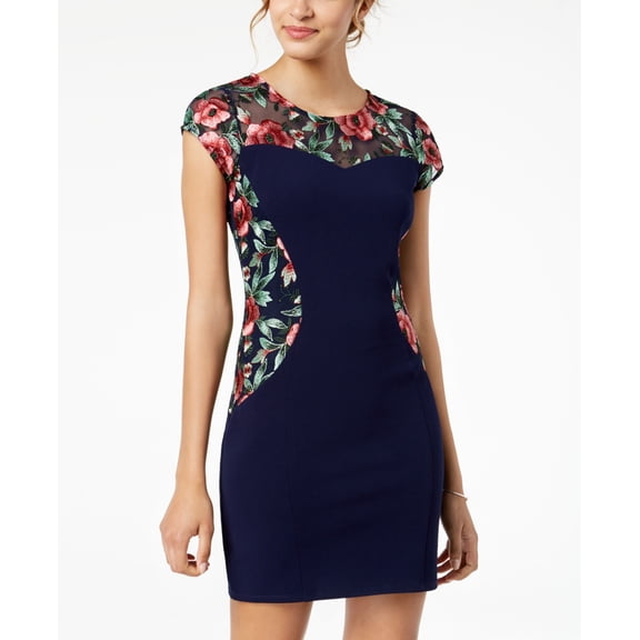 Bcx Juniors Embroidered Illusion Contrast Bodycon Dress Navy 1