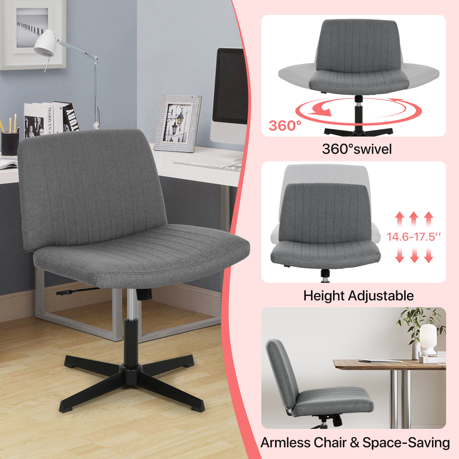 Criss Cross Chair, Armless  Vanity Chair Cross Legged Office Chair,  Adjustable Wide Swivel Desk Chair for Home Office No Wheels, Grey