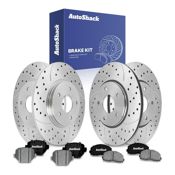 AutoShack Front Vented & Rear Solid Drilled & Slotted Silver Zinc Coated Brake Rotors   Ceramic Pads 12-PC Brake Kit Replacement for 2015-2016 Chrysler Town & Country SilverShield Pro