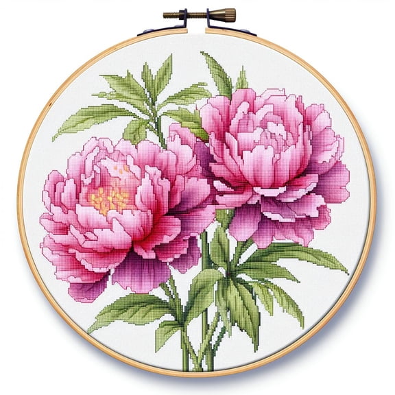 Cartoon Simple Peony Flower 11CT Stamped Cross Stitch Kits Easy for Beginners Child with Hoop DIY Needlepoint Counted Embroidery Kits Art Craft Wall Decor 12x12IN(7)