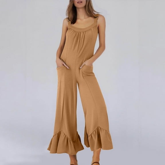 Zunfeo Dressy Jumpsuit for Women Summer Sleeveless Wide Leg Jumpsuits Sexy Backless One-piece Pants with Pockets Brown M