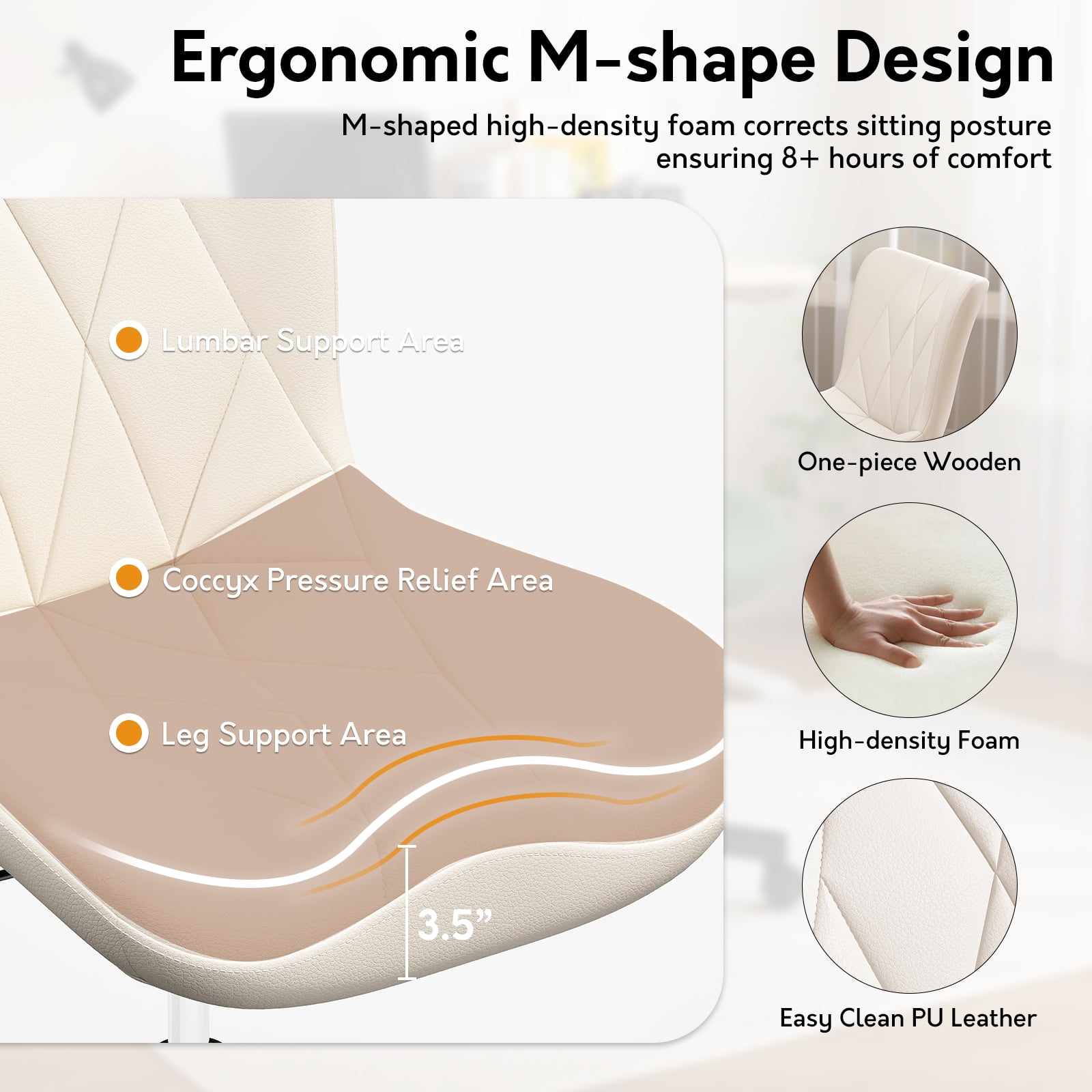 Genpo Armless Desk Chair, White Leather Office Desk Chairs with Wheels, Mid Back and Lumbar Support for Computer Home Small Space Vanity Makeup