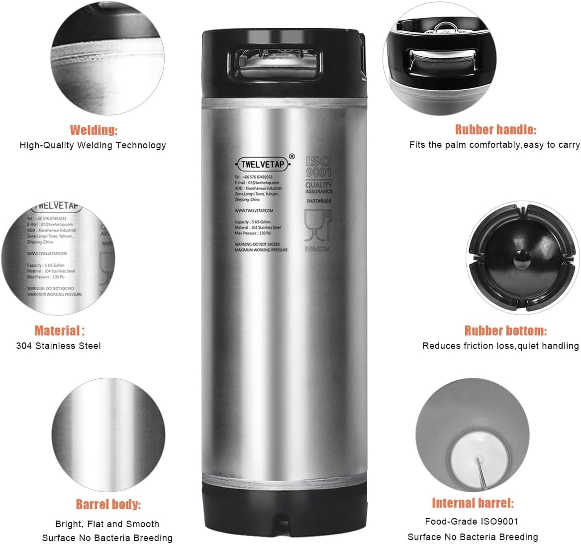 5Gal/19L Beer Keg 304 Stainless Steel Coke Syrup Milk Soda Barrel Rubber Handle Bucket Ball Lock Cornelius Style