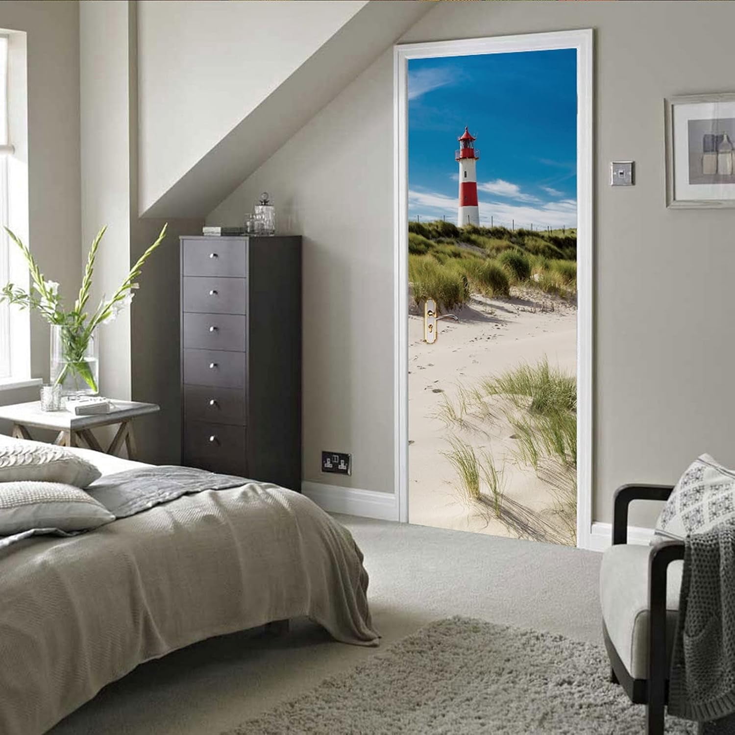 3D Door Stickers for Interior Doors Lighthouse Red White on Dune Sylt Island Germany Vinyl Waterproof Self Adhesive Door Mural,SP-F301,S(38.5x200cmx2Pcs)
