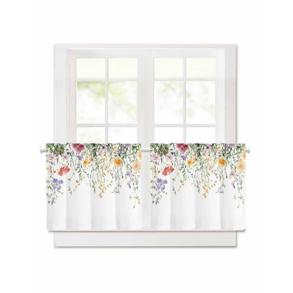 Spring Flower Short Blackout Curtains 30Inch Long Watercolor Colorful Floral Rural Rustic Rod Pocket Kitchen Curtains, 2 Panels Thermal Insulated Room Darkening Drapes for Bedroom, 30"W x 30"L