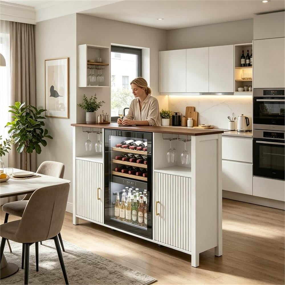 53" White Engineered Wood Coffee Bar Cabinet with Mini Fridge Space & Power