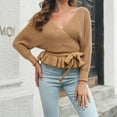 thumbnail image 2 of SGMVNU Women's Fall 2025 Wrap V Neck Long Batwing Sleeve Belted Waist Ruffle Knitted Sweater Pullover Top Fashion Fall Outfit Yellow, Size S, 2 of 9