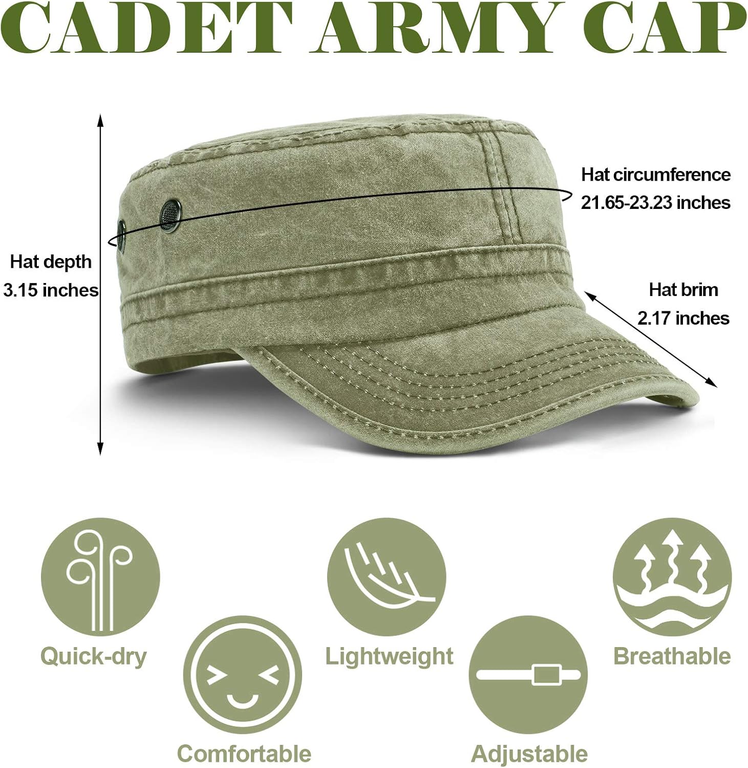 DOVACKA 3 Pieces Cadet Army Cotton Caps Washed Military for Flat Top Caps Adjustable Military Style Hat Unisex