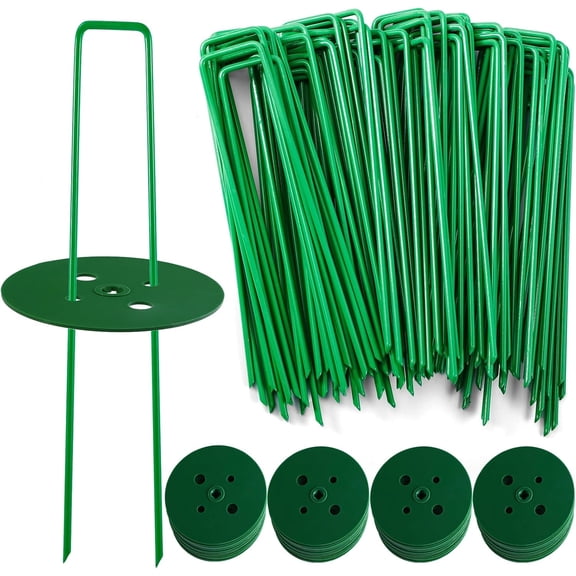100 PCS Landscape Staples   100 PCS Gaskets, U-Shaped Galvanized Garden Stakes Landscaping Fabric Sod Pins, Landscape Pins Stakes for Weed Barrier Fabric Ground Cover, 6 Inch