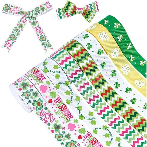 40yds 8 Styles St. Patrick's Ribbons Set 7/8" Green Ribbons Luck Shamrock Ribbon Pinch Proof Ribbon Grosgrain Craft Ribbon