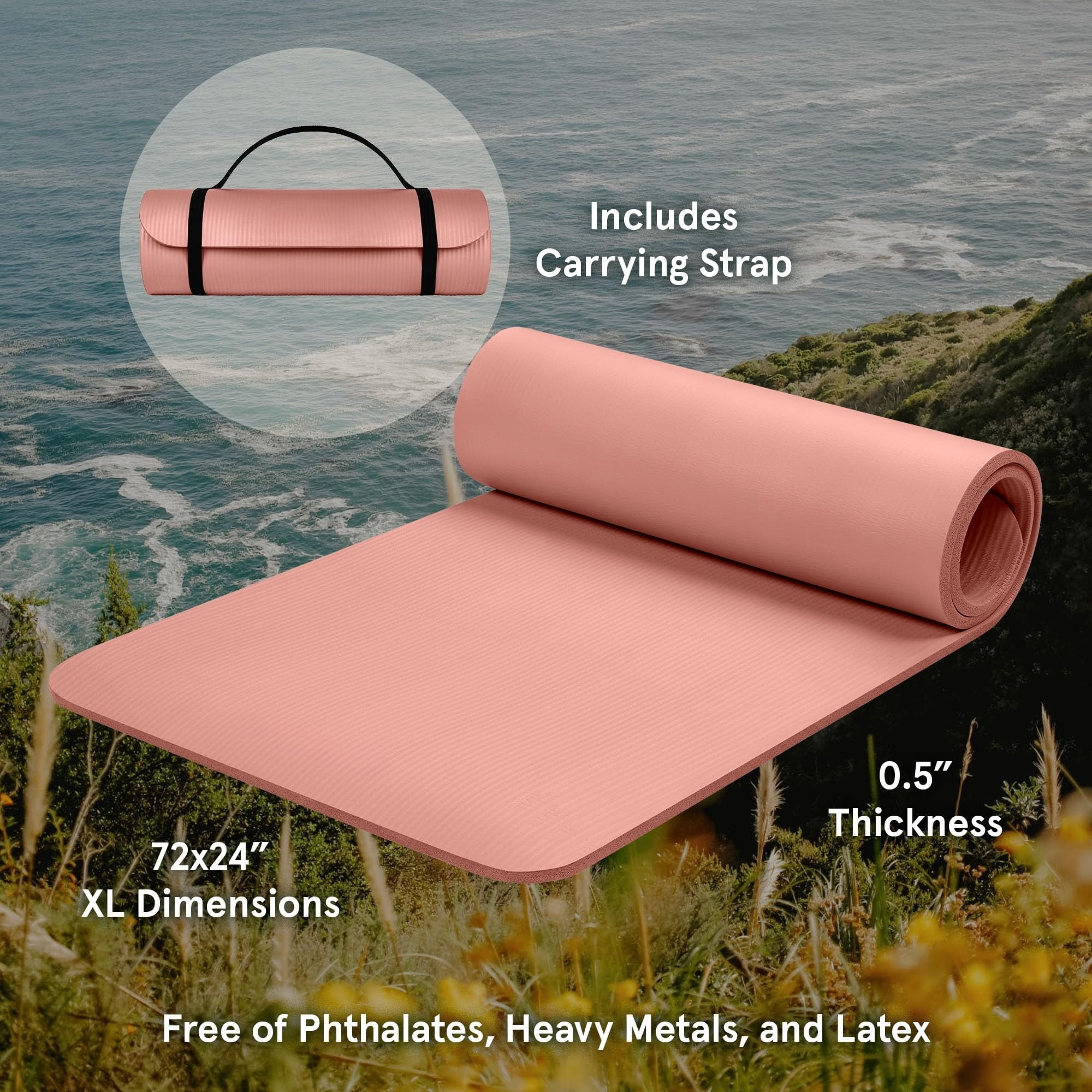 72"x24" Thick Non-Slip Yoga Mat BPA-Free Exercise Mat with Carrying Strap for Pilates & Fitness