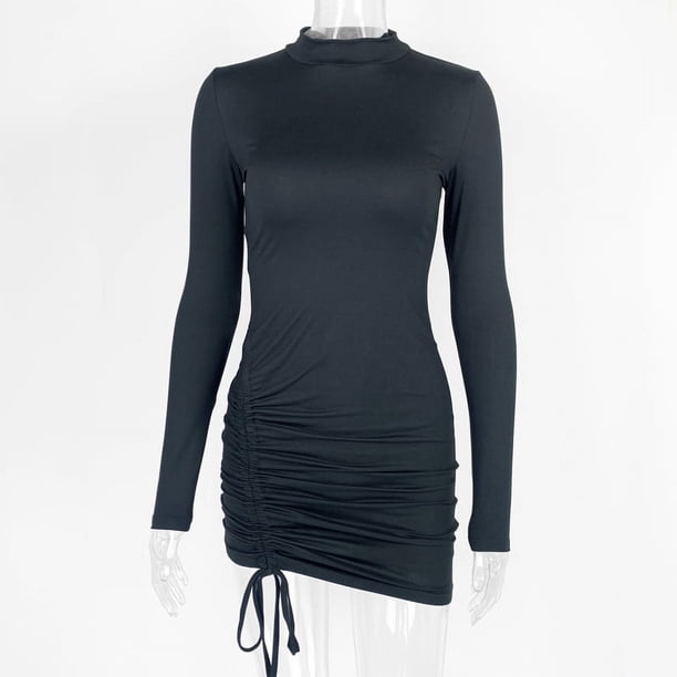Minivestido negro ajustado sexy para mujer, con fruncido y cordón, de manga larga, ajustado, para fiesta, 2024
