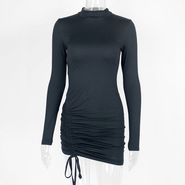 Minivestido negro ajustado sexy para mujer, con fruncido y cordón, de manga larga, ajustado, para fiesta, 2024