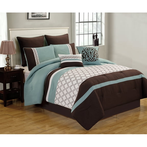 Riverbrook Home 8 Piece Comforter Set, Queen, Blue/Brown/Ivory, Tolbert, Polyfill, Adult