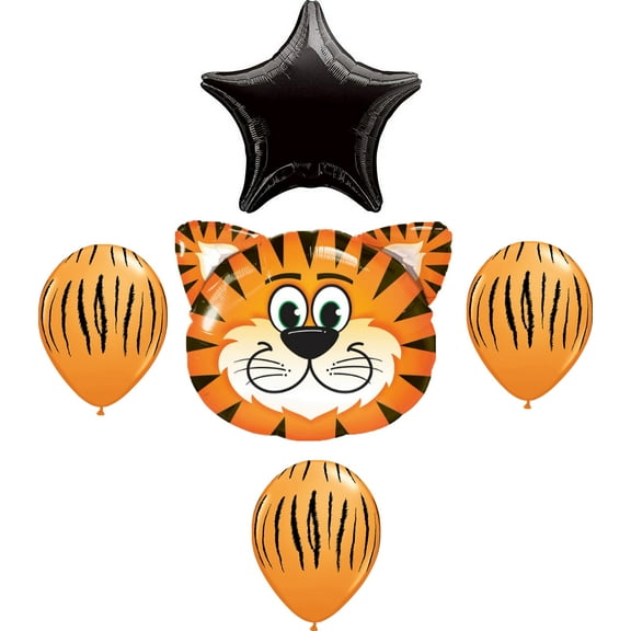 TIGER Stripes Orange Black Jungle ZOO Safari 5 Party Mylar & Latex BALLOONS Set