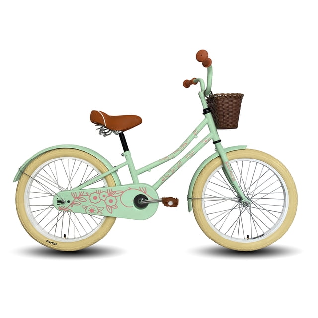 bicicleta infantil black panther maja canasta rodada 20 verde vista lateral derecha de bicicleta infantil verde menta con canasta frontal tejida, guardabarros, cubierta de cadena con diseño floral, freno contrapedal, asiento ancho marrón y llantas rodada 20 color crema sobre fondo blanco; suele usarse para paseos recreativos y prácticas de equilibrio.